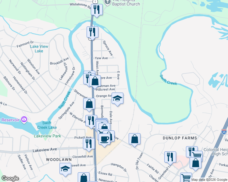 map of restaurants, bars, coffee shops, grocery stores, and more near 307 Hillcrest Avenue in Colonial Heights