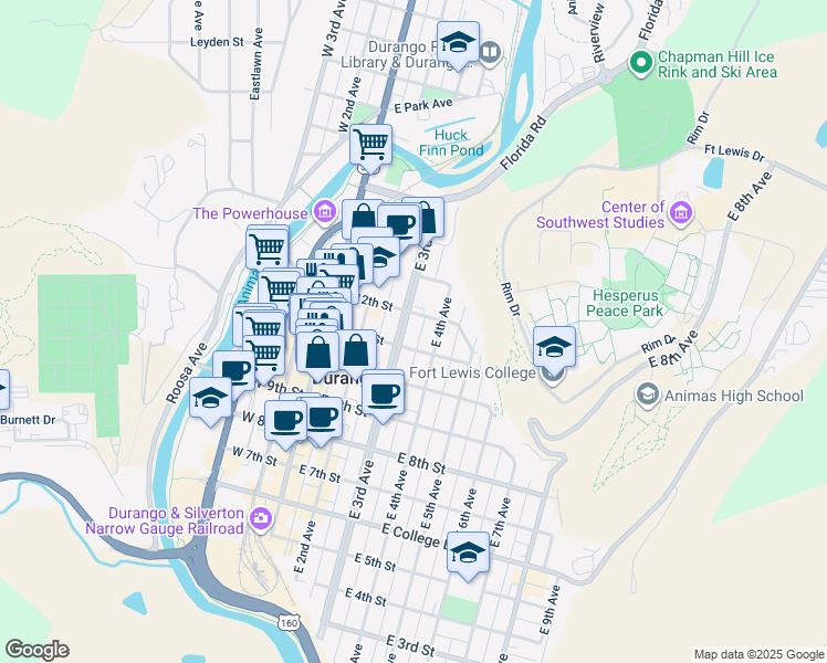 map of restaurants, bars, coffee shops, grocery stores, and more near 301 East 11th Street in Durango