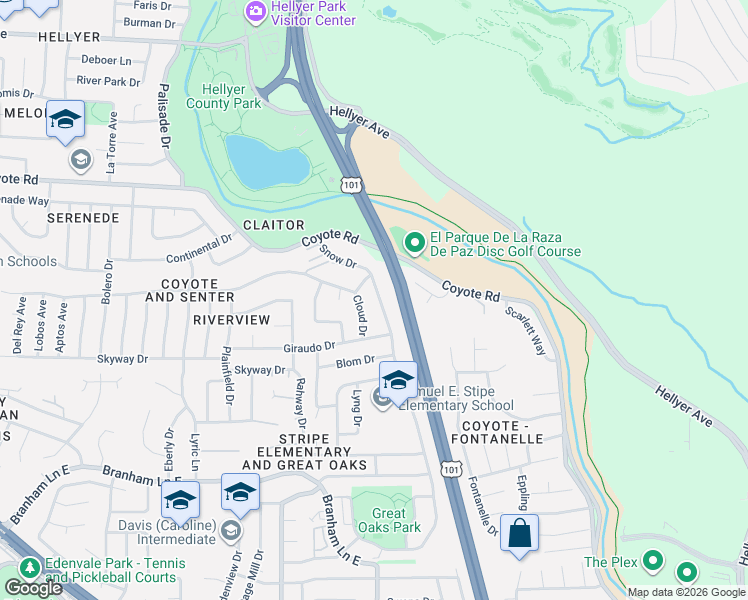 map of restaurants, bars, coffee shops, grocery stores, and more near 4851 Snow Drive in San Jose