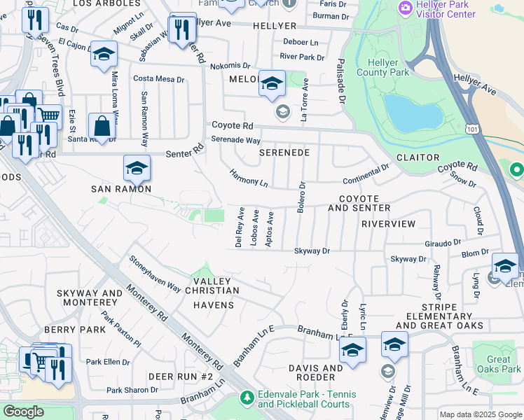 map of restaurants, bars, coffee shops, grocery stores, and more near 4517 Aptos Avenue in San Jose