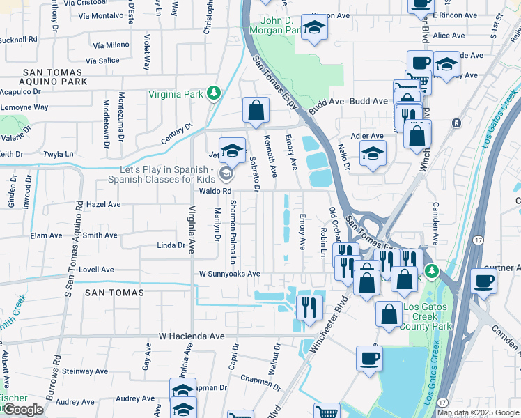 map of restaurants, bars, coffee shops, grocery stores, and more near 608 Gamma Court in Campbell