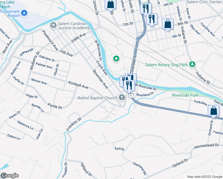 map of restaurants, bars, coffee shops, grocery stores, and more near 105 Bowman Avenue in Salem