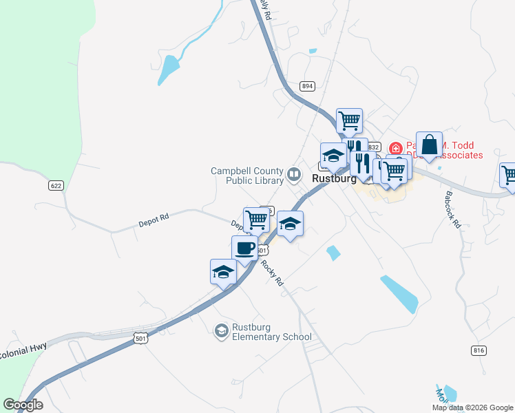 map of restaurants, bars, coffee shops, grocery stores, and more near 104 Drummer Street in Rustburg