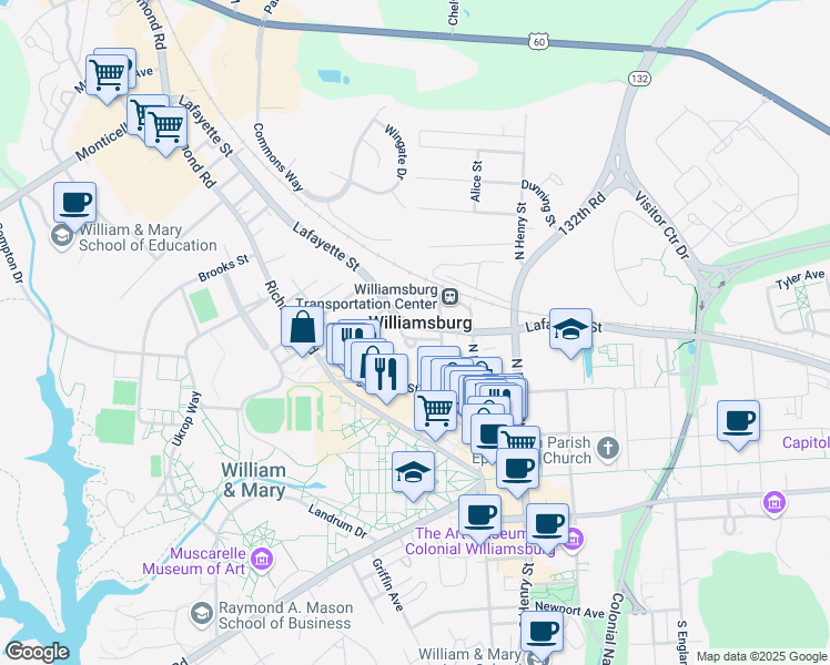 map of restaurants, bars, coffee shops, grocery stores, and more near 409 Harriet Tubman Drive in Williamsburg