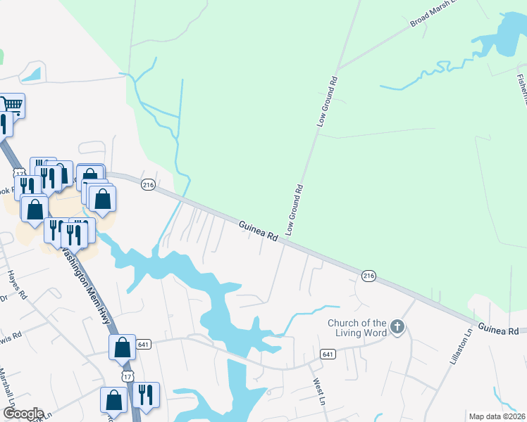 map of restaurants, bars, coffee shops, grocery stores, and more near 7871 Guinea Road in Gloucester County