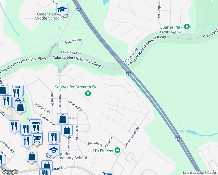 map of restaurants, bars, coffee shops, grocery stores, and more near 619 Queensbury Lane in Williamsburg