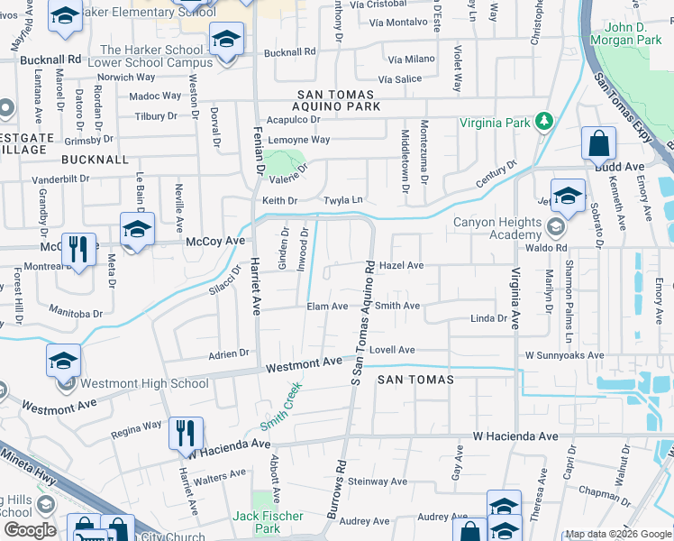 map of restaurants, bars, coffee shops, grocery stores, and more near 825 South San Tomas Aquino Road in Campbell