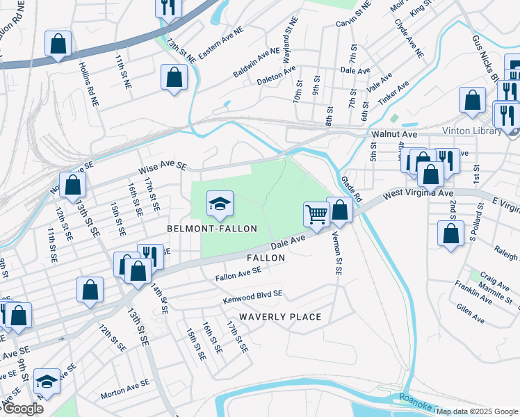map of restaurants, bars, coffee shops, grocery stores, and more near 502 19th Street Southeast in Roanoke