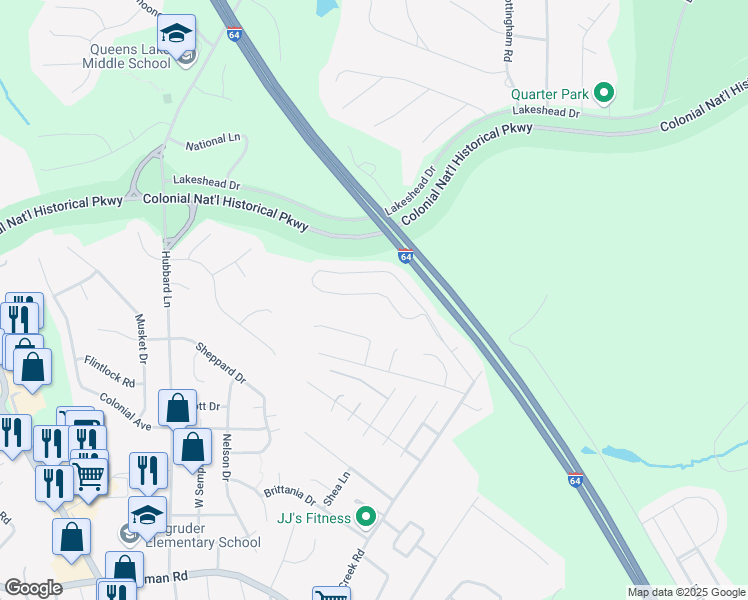 map of restaurants, bars, coffee shops, grocery stores, and more near 711 Queensbury Lane in Williamsburg