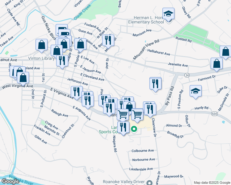 map of restaurants, bars, coffee shops, grocery stores, and more near 851 Bedford Road in Vinton