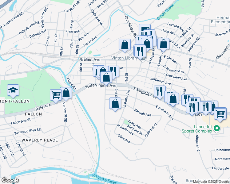 map of restaurants, bars, coffee shops, grocery stores, and more near 206 West Augusta Avenue in Vinton