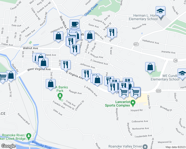 map of restaurants, bars, coffee shops, grocery stores, and more near 535 Chestnut Street in Vinton