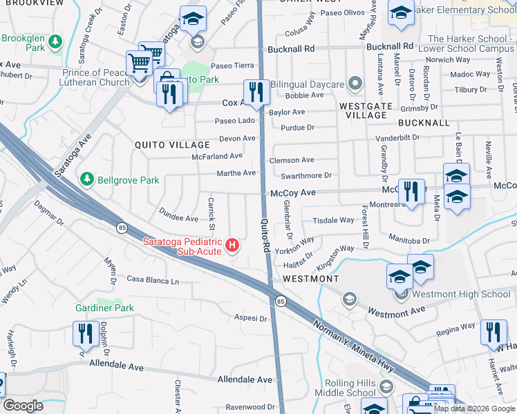 map of restaurants, bars, coffee shops, grocery stores, and more near 13237 Quito Road in Saratoga