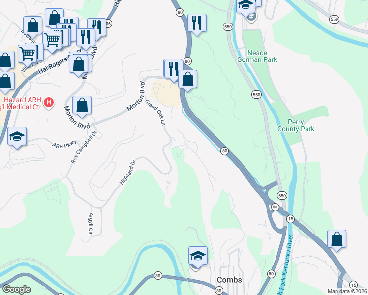 map of restaurants, bars, coffee shops, grocery stores, and more near Adams Ridge Road in Hazard
