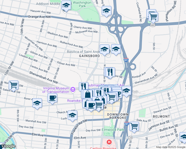 map of restaurants, bars, coffee shops, grocery stores, and more near Wells Avenue Northwest in Roanoke