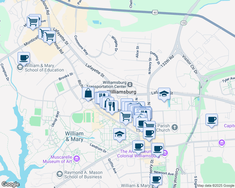 map of restaurants, bars, coffee shops, grocery stores, and more near in Williamsburg