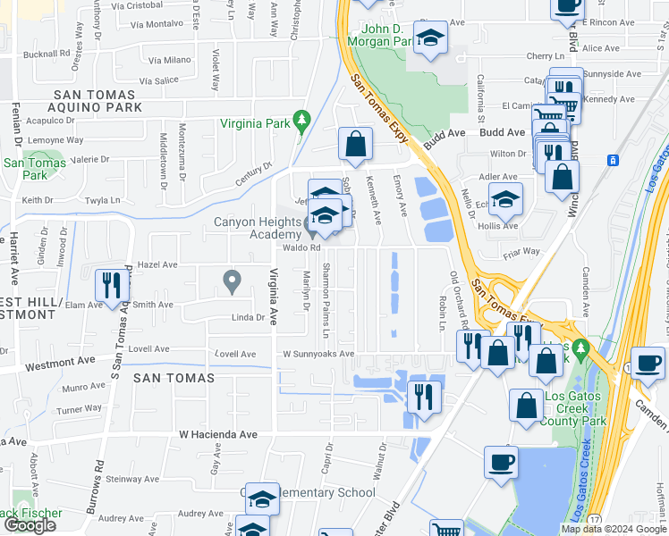 map of restaurants, bars, coffee shops, grocery stores, and more near 817 Sharmon Palms Lane in Campbell