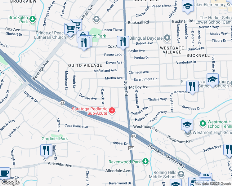 map of restaurants, bars, coffee shops, grocery stores, and more near 13264 McCulloch Avenue in Saratoga