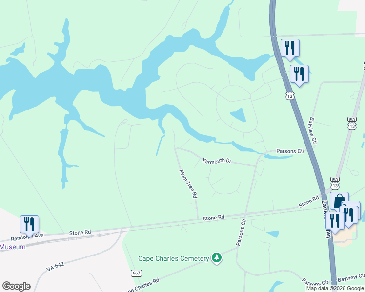 map of restaurants, bars, coffee shops, grocery stores, and more near 3076 Yarmouth Drive in Cape Charles