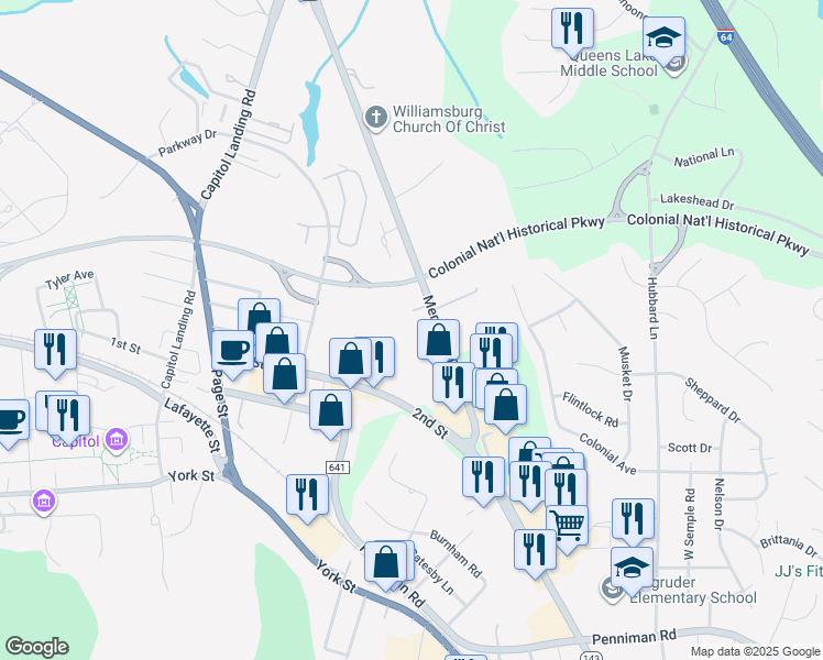 map of restaurants, bars, coffee shops, grocery stores, and more near 406 -1 Merrimac Trail in Williamsburg