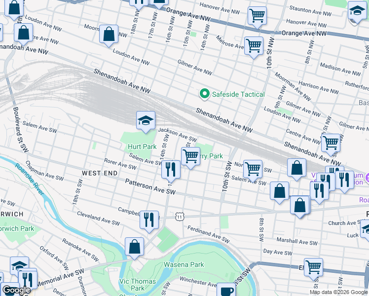 map of restaurants, bars, coffee shops, grocery stores, and more near 101 12 1/2 Street in Roanoke