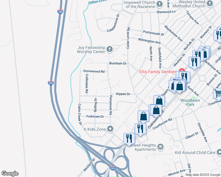 map of restaurants, bars, coffee shops, grocery stores, and more near 3906 Galena Avenue in Hopewell