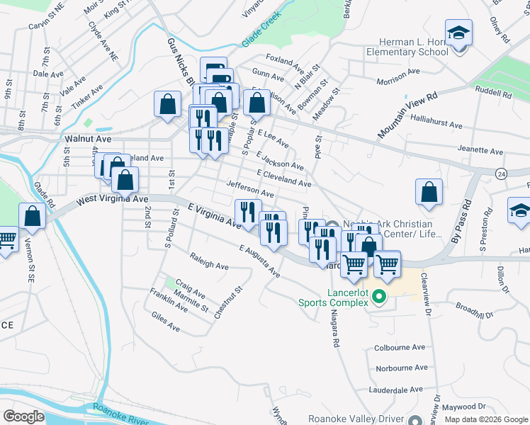 map of restaurants, bars, coffee shops, grocery stores, and more near 533 Chestnut Street in Vinton