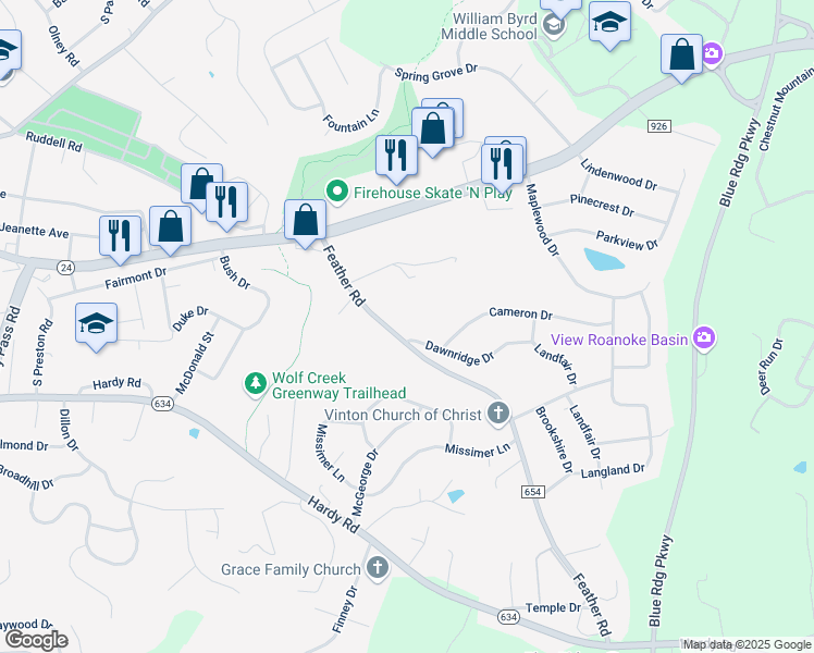 map of restaurants, bars, coffee shops, grocery stores, and more near 1842 Feather Road in Vinton