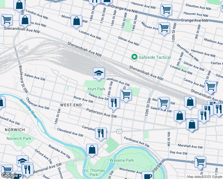 map of restaurants, bars, coffee shops, grocery stores, and more near 32 14th Street Southwest in Roanoke
