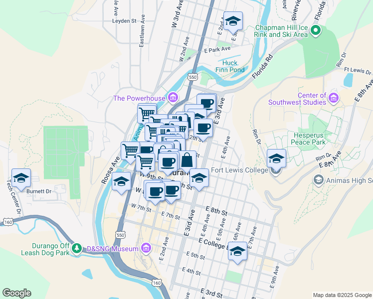 map of restaurants, bars, coffee shops, grocery stores, and more near 1101 East 2nd Avenue in Durango