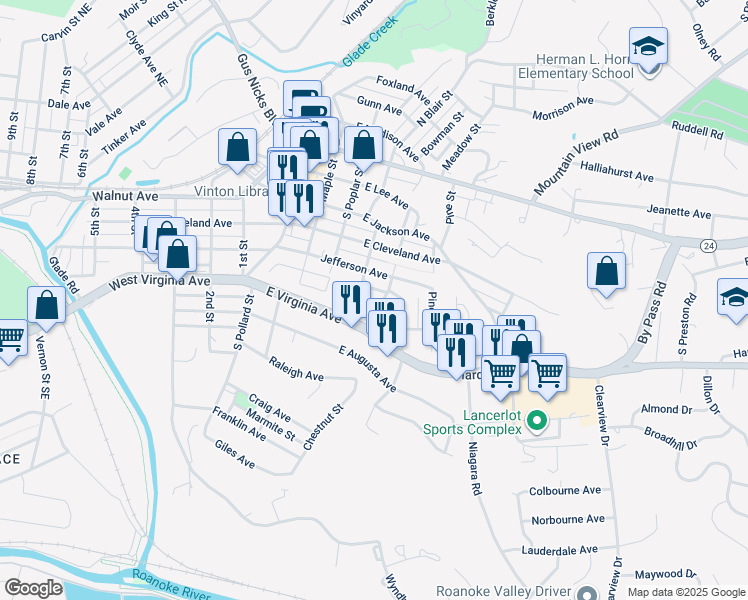 map of restaurants, bars, coffee shops, grocery stores, and more near 533 Chestnut Street in Vinton