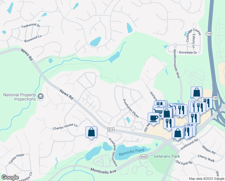 map of restaurants, bars, coffee shops, grocery stores, and more near 3943 West Providence Road in Williamsburg