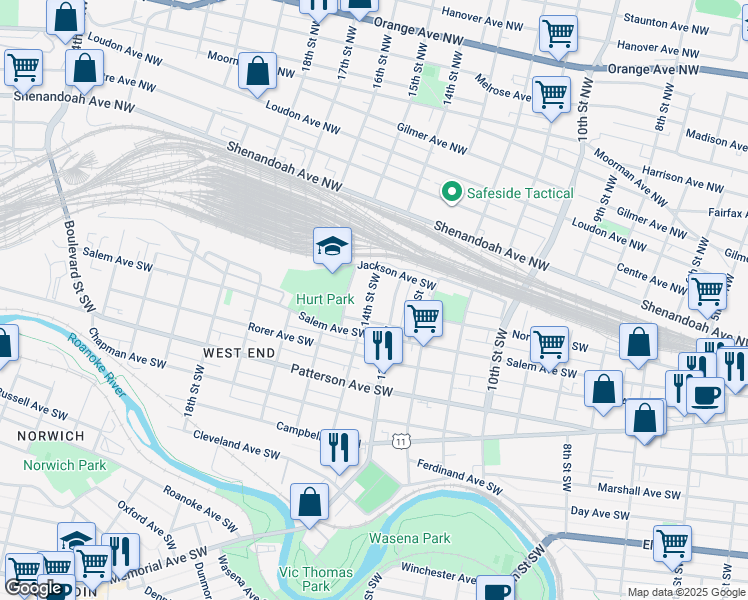 map of restaurants, bars, coffee shops, grocery stores, and more near 32 14th Street Southwest in Roanoke