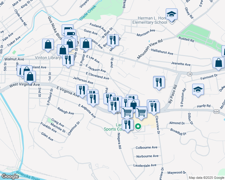 map of restaurants, bars, coffee shops, grocery stores, and more near 168 Gretchen Court in Vinton