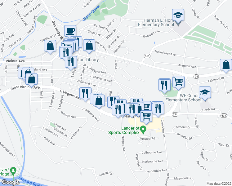 map of restaurants, bars, coffee shops, grocery stores, and more near 168 Gretchen Court in Vinton
