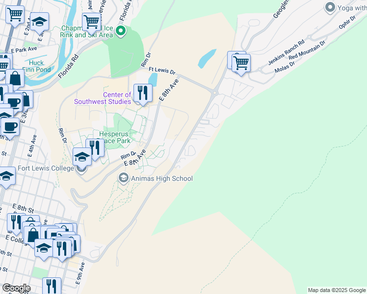 map of restaurants, bars, coffee shops, grocery stores, and more near County Road 238 in Durango