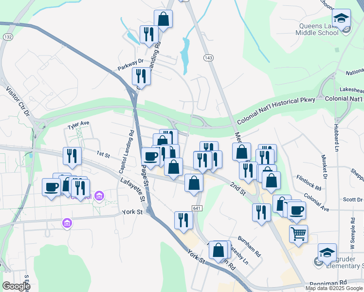 map of restaurants, bars, coffee shops, grocery stores, and more near 216 Parkway Drive in Williamsburg