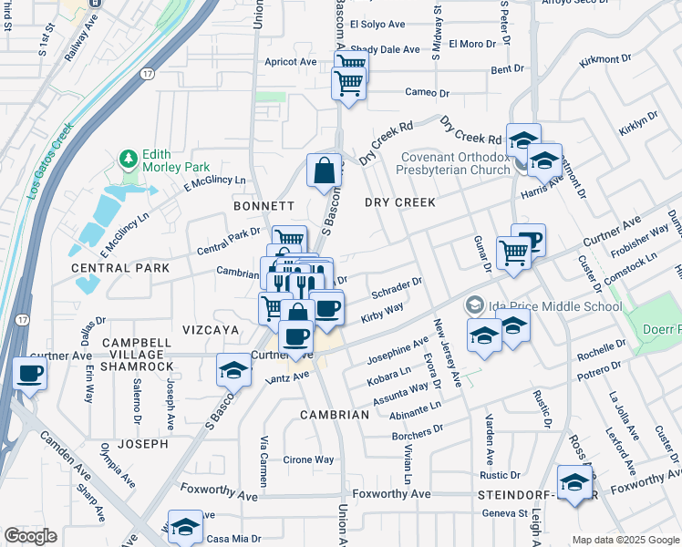 map of restaurants, bars, coffee shops, grocery stores, and more near 660 Elden Drive in Campbell