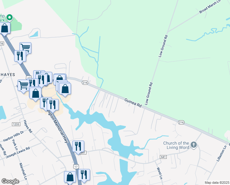map of restaurants, bars, coffee shops, grocery stores, and more near 7801 Guinea Road in Gloucester County