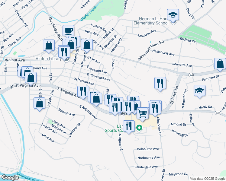 map of restaurants, bars, coffee shops, grocery stores, and more near 144 Gretchen Court in Vinton