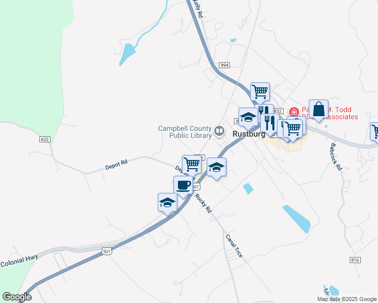 map of restaurants, bars, coffee shops, grocery stores, and more near 126 Drummer Street in Rustburg