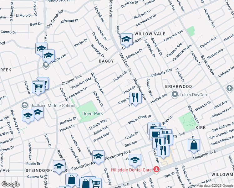 map of restaurants, bars, coffee shops, grocery stores, and more near 1741 Harte Drive in San Jose