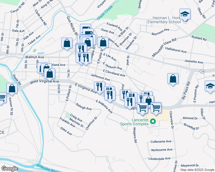 map of restaurants, bars, coffee shops, grocery stores, and more near 527 Chestnut Street in Vinton
