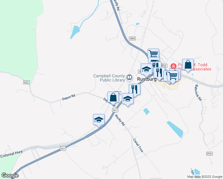 map of restaurants, bars, coffee shops, grocery stores, and more near 126 Drummer Street in Rustburg
