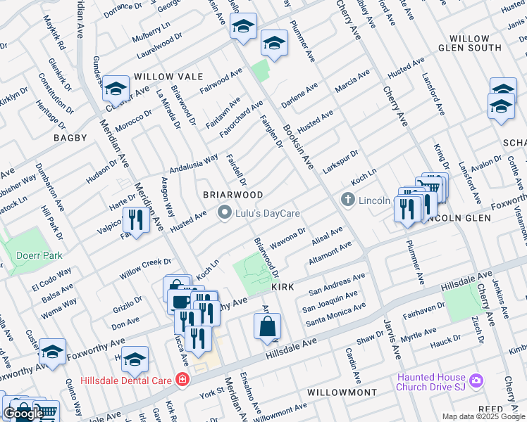 map of restaurants, bars, coffee shops, grocery stores, and more near 1591 Koch Lane in San Jose