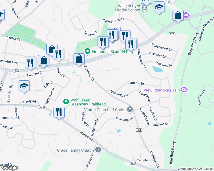map of restaurants, bars, coffee shops, grocery stores, and more near 1842 Feather Road in Vinton