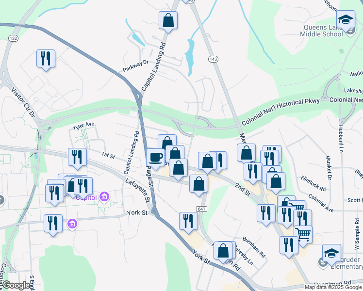 map of restaurants, bars, coffee shops, grocery stores, and more near 125 Parkway Court in Williamsburg
