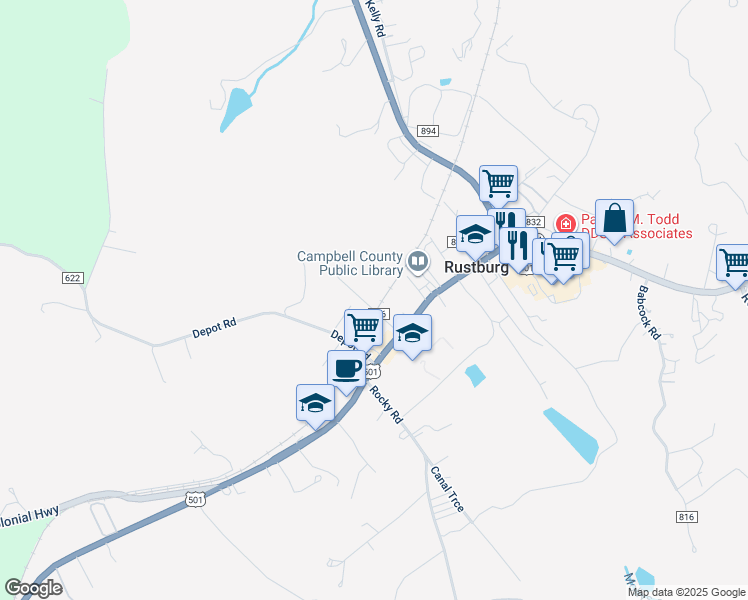 map of restaurants, bars, coffee shops, grocery stores, and more near 103 Drummer Street in Rustburg