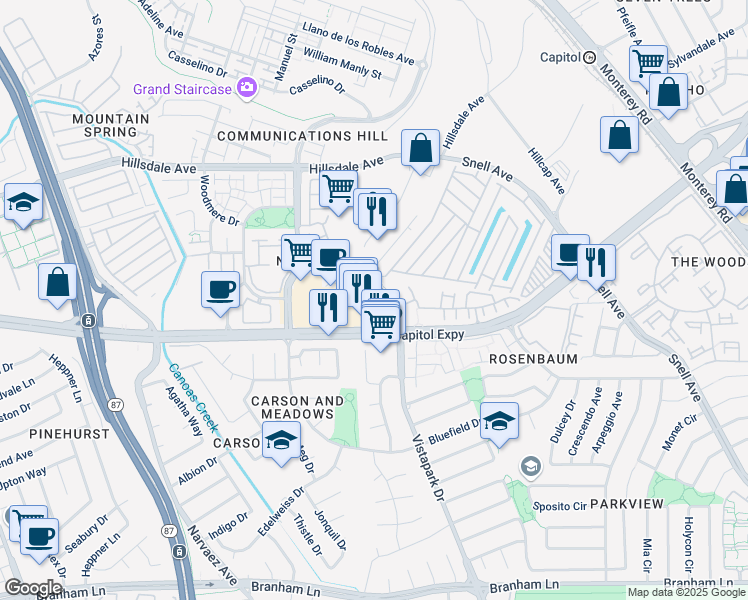 map of restaurants, bars, coffee shops, grocery stores, and more near 3975 Vistapark Drive in San Jose