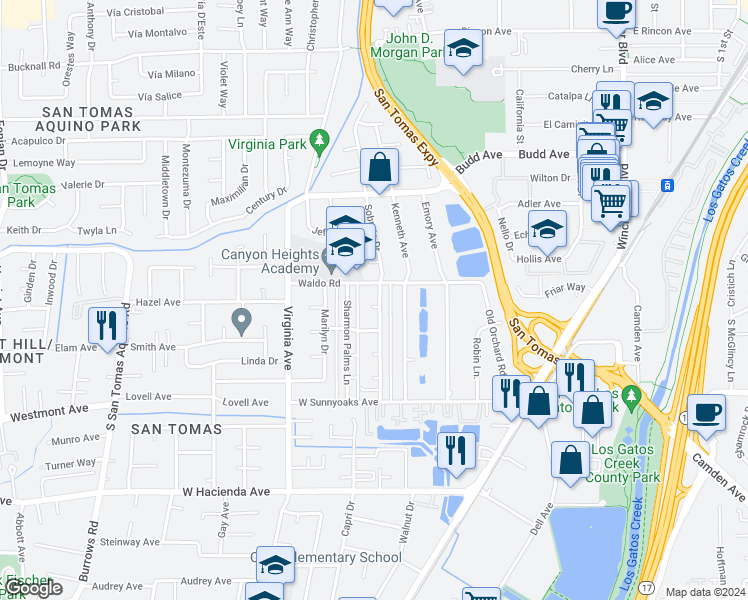 map of restaurants, bars, coffee shops, grocery stores, and more near 608 Gamma Court in Campbell